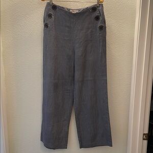 Stylish Gray / blue linen . Wide-Leg Pants with Button Detail